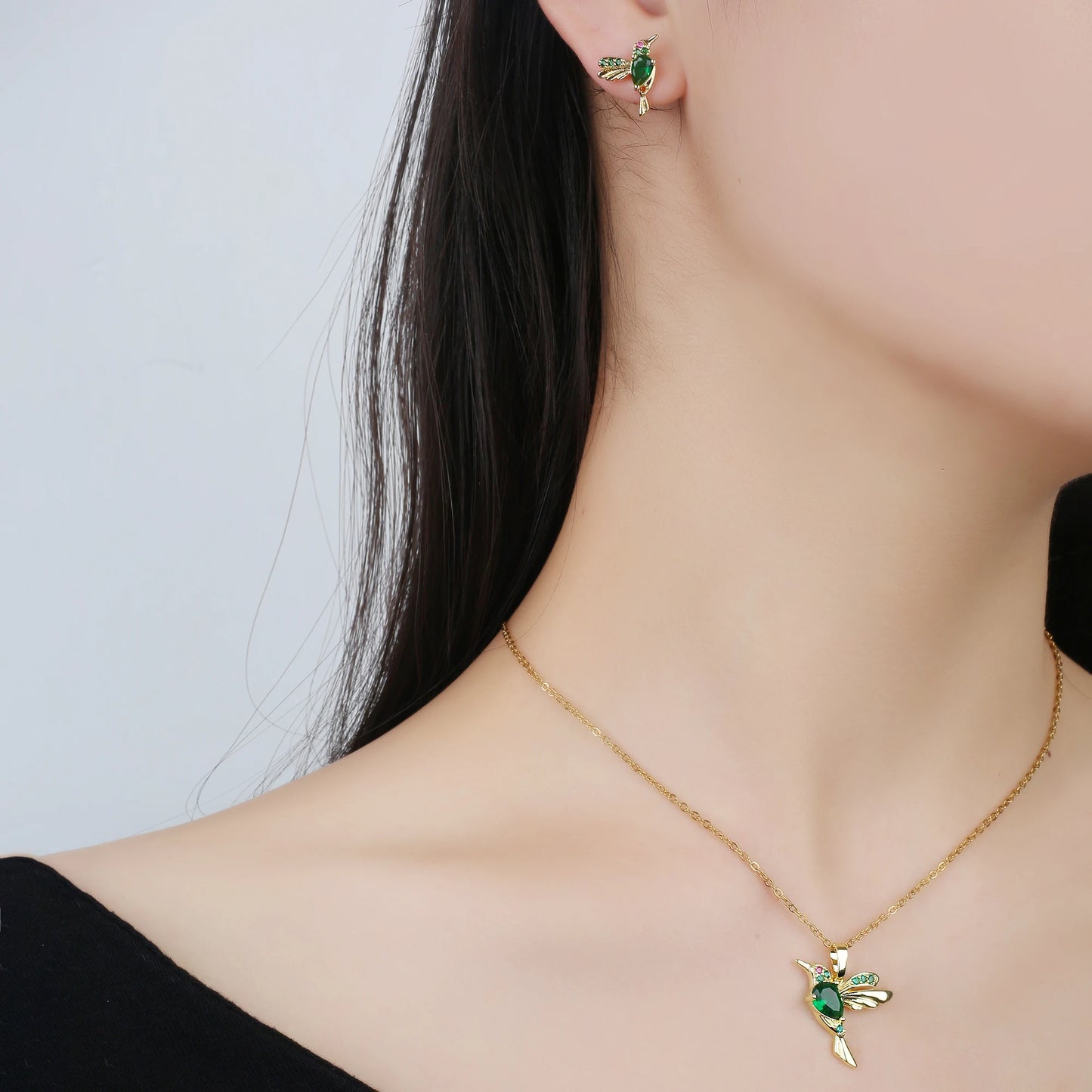 Classic Crystal Hummingbird Pendant Necklace Earring Set 7 Color Zirconia Animal Bird Necklace Girls Party Birthday Wedding Gift