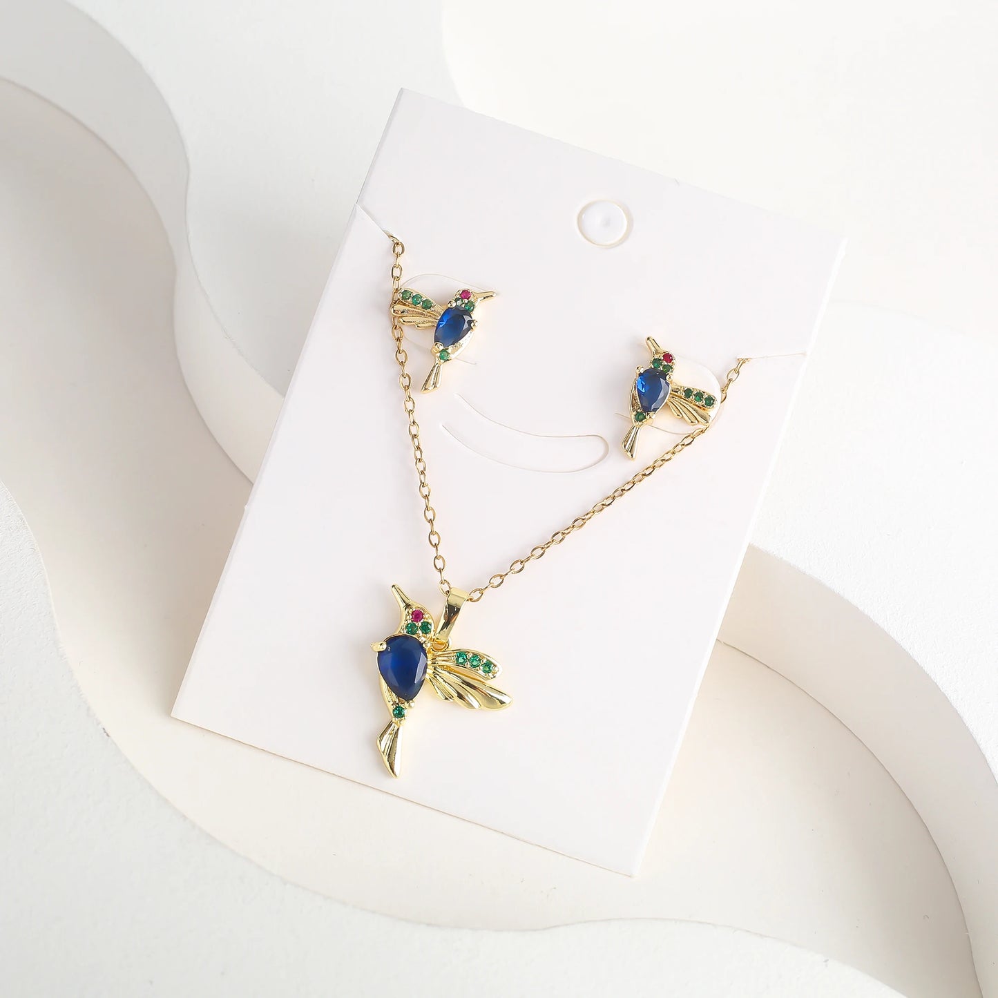 Classic Crystal Hummingbird Pendant Necklace Earring Set 7 Color Zirconia Animal Bird Necklace Girls Party Birthday Wedding Gift
