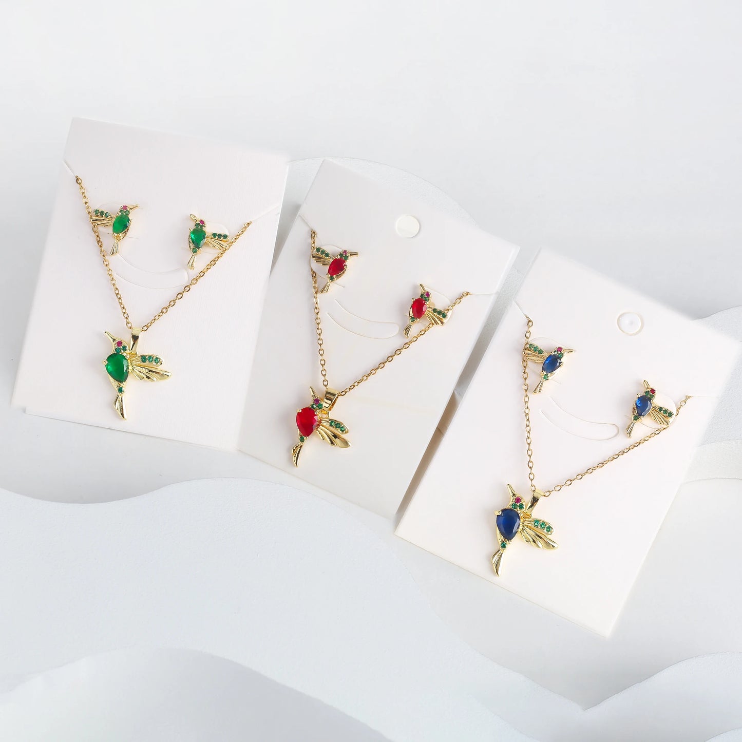 Classic Crystal Hummingbird Pendant Necklace Earring Set 7 Color Zirconia Animal Bird Necklace Girls Party Birthday Wedding Gift