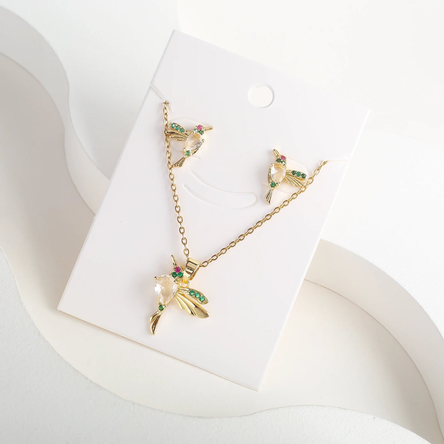 Classic Crystal Hummingbird Pendant Necklace Earring Set 7 Color Zirconia Animal Bird Necklace Girls Party Birthday Wedding Gift