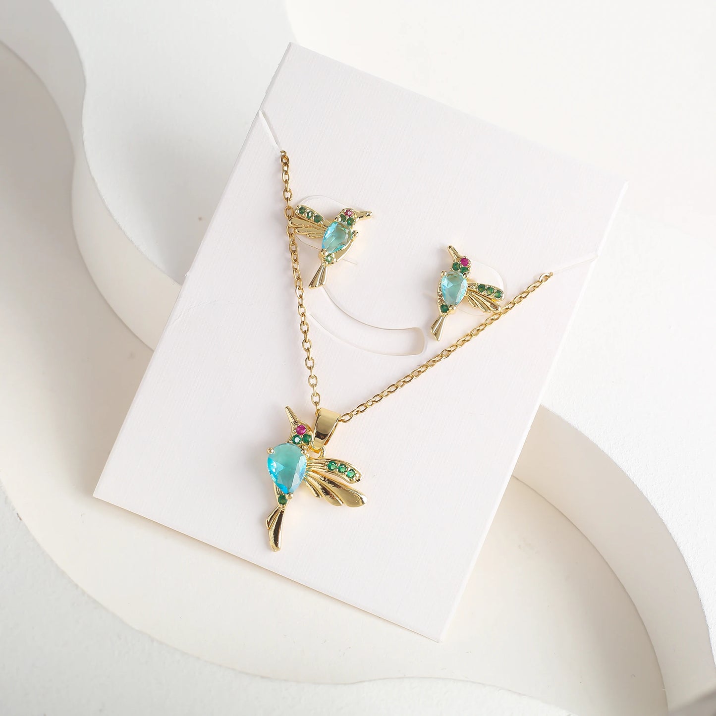 Classic Crystal Hummingbird Pendant Necklace Earring Set 7 Color Zirconia Animal Bird Necklace Girls Party Birthday Wedding Gift