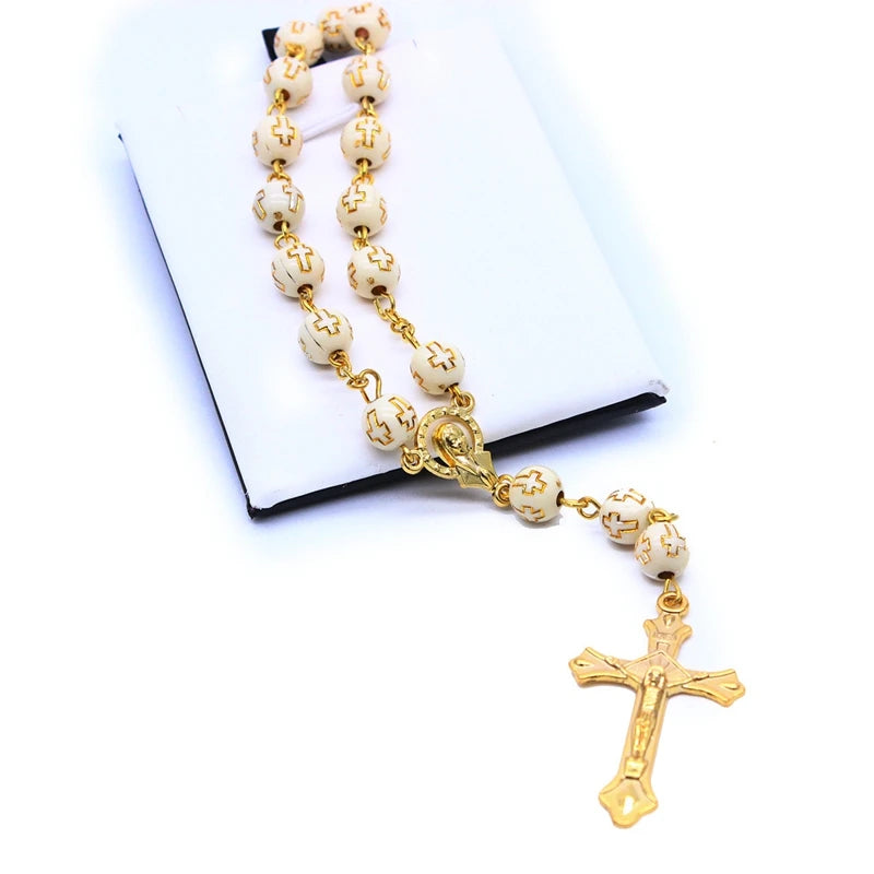 QIGO Car Rosary Beaded Bracelets Beige Plastic Cross Pedant Religious Jewelry For Men Women
