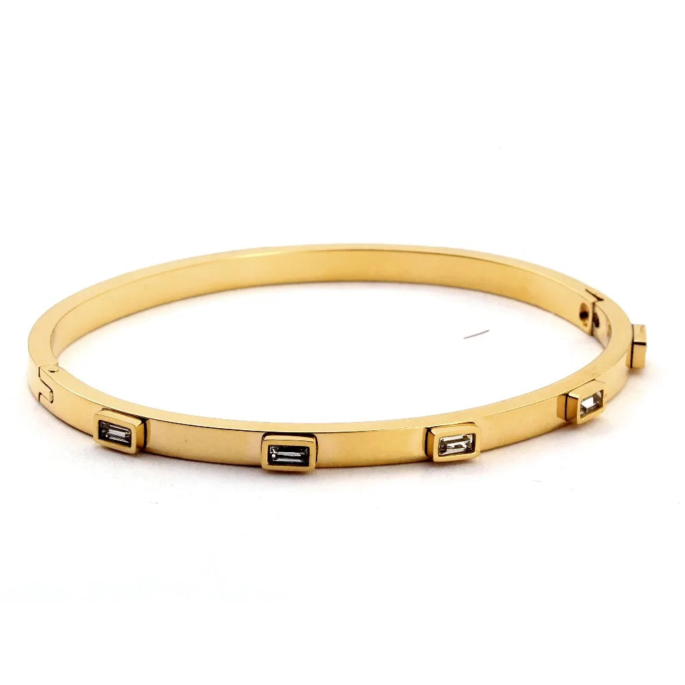 Luxury Open Cuff Bangles Bracelets Crystal Zirconia Rose Gold Color Stainless Steel Bracelet for Women Men Fashion Jewelry