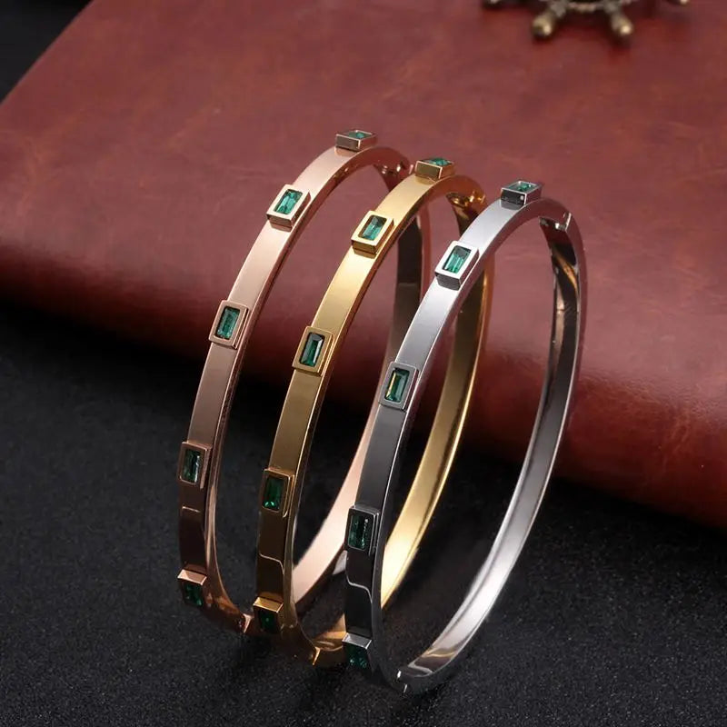 Luxury Open Cuff Bangles Bracelets Crystal Zirconia Rose Gold Color Stainless Steel Bracelet for Women Men Fashion Jewelry