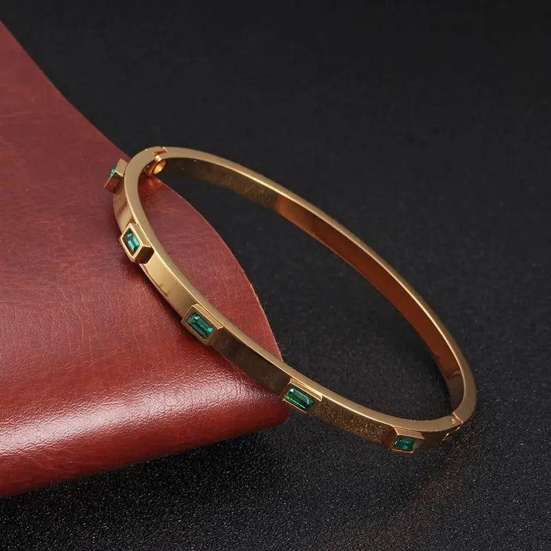 Luxury Open Cuff Bangles Bracelets Crystal Zirconia Rose Gold Color Stainless Steel Bracelet for Women Men Fashion Jewelry