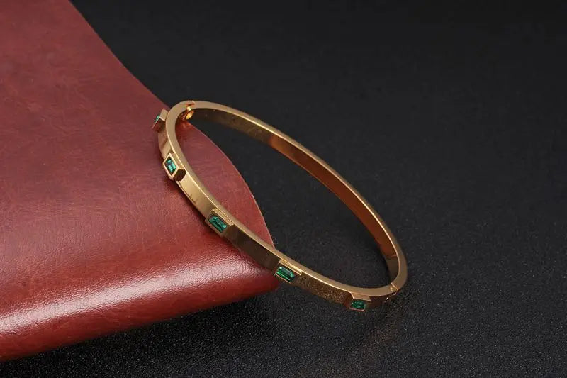 Luxury Open Cuff Bangles Bracelets Crystal Zirconia Rose Gold Color Stainless Steel Bracelet for Women Men Fashion Jewelry