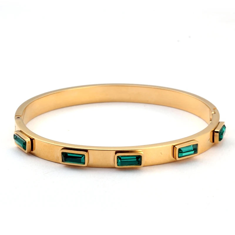 Luxury Open Cuff Bangles Bracelets Crystal Zirconia Rose Gold Color Stainless Steel Bracelet for Women Men Fashion Jewelry