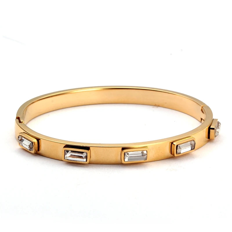 Luxury Open Cuff Bangles Bracelets Crystal Zirconia Rose Gold Color Stainless Steel Bracelet for Women Men Fashion Jewelry
