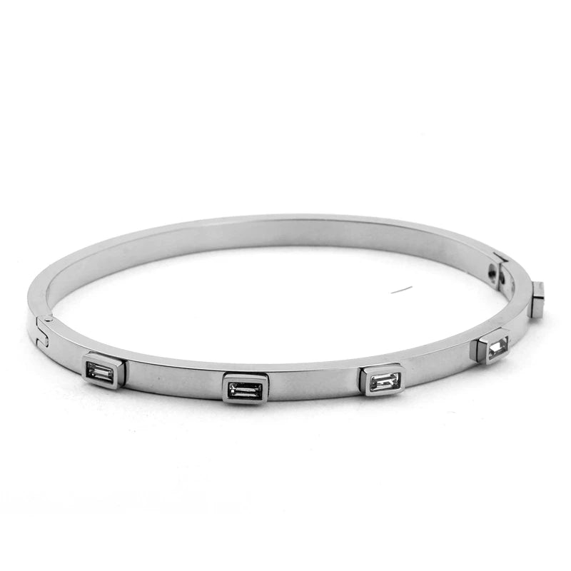 Luxury Open Cuff Bangles Bracelets Crystal Zirconia Rose Gold Color Stainless Steel Bracelet for Women Men Fashion Jewelry