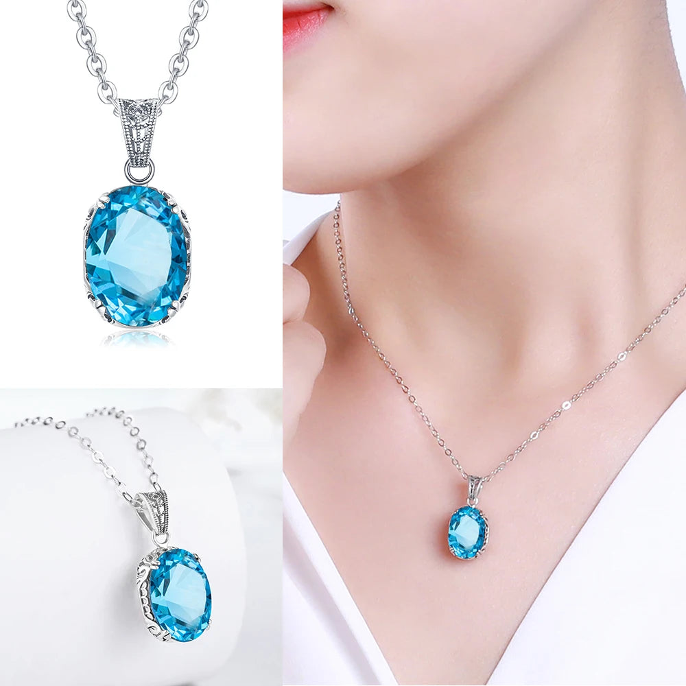 Unique 925 Sterling Silver Necklace Aquamarine Gemstone Pendant Necklaces with Chain for Women Vintage Floral Swan Filigree
