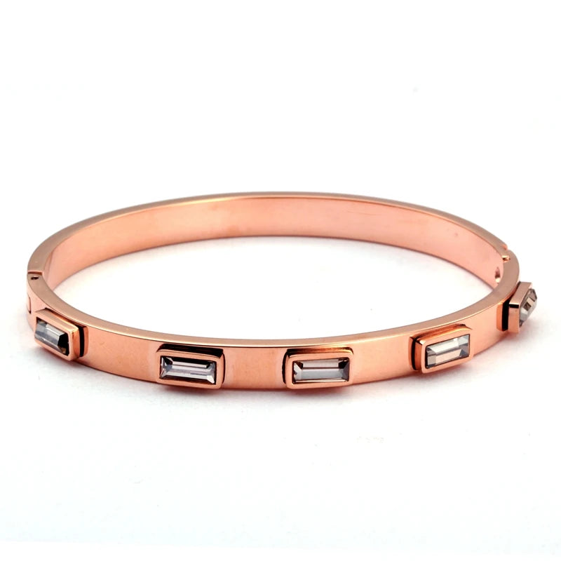 Luxury Open Cuff Bangles Bracelets Crystal Zirconia Rose Gold Color Stainless Steel Bracelet for Women Men Fashion Jewelry