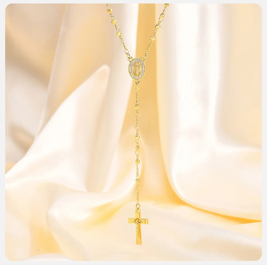 Vnox Virgin Mary Heart Rosary Necklaces for Women Men, Gold Plated Cross Prayer Collar, Long Sweater Chain Necklace