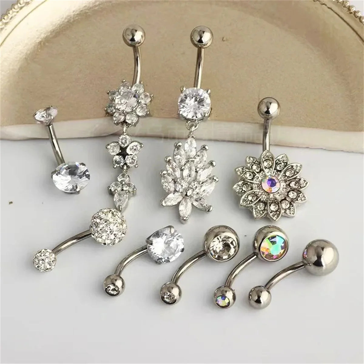 7Pcs Stainless Steel Zircon Navel Ring Set Gift,Vacation Beach Beach Jewelry
