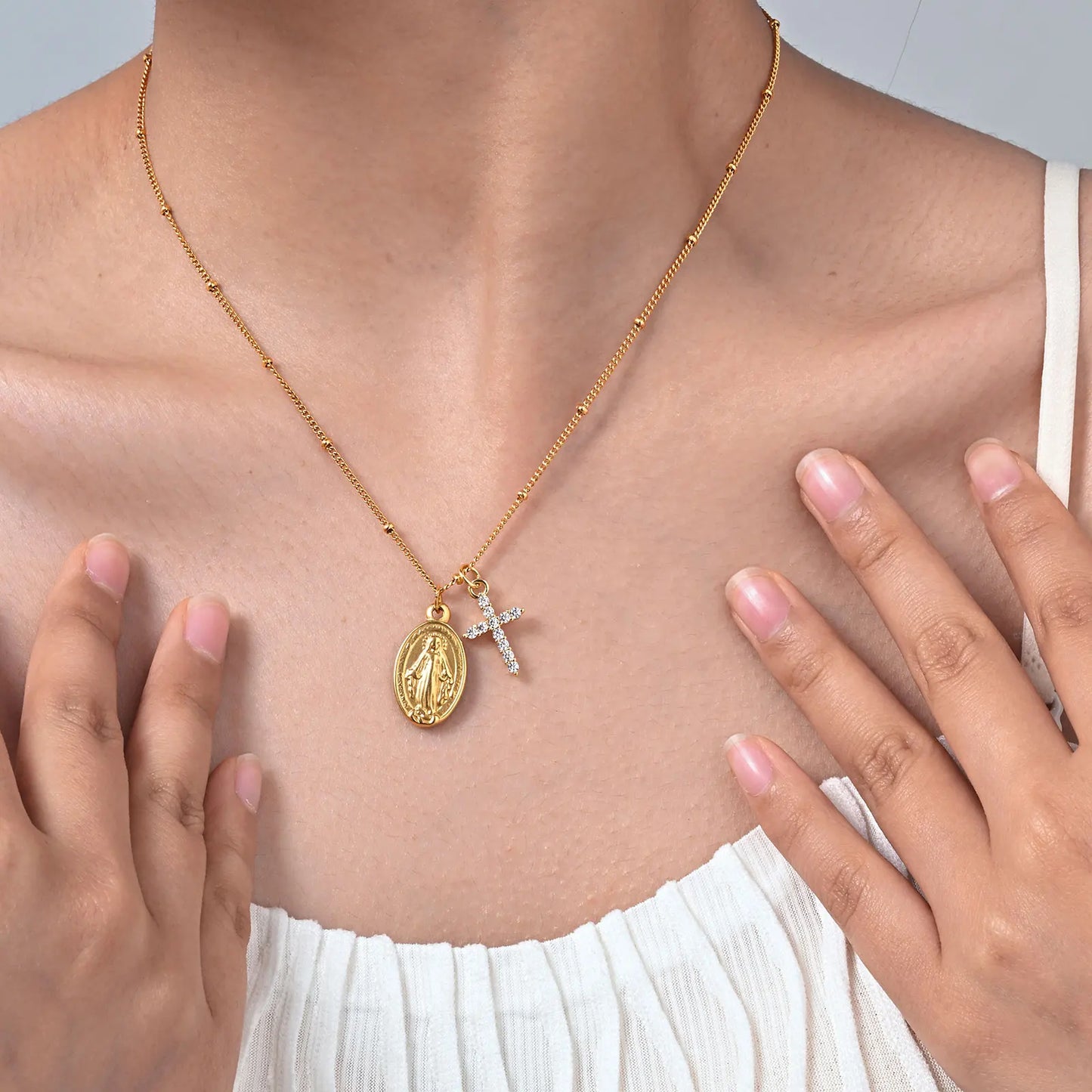 Zircon Cross Virgin Mary Pendant Necklace for Women,Stainless Steel Gold Plated Bead Chain Necklace, Religious Prayer Jewelry