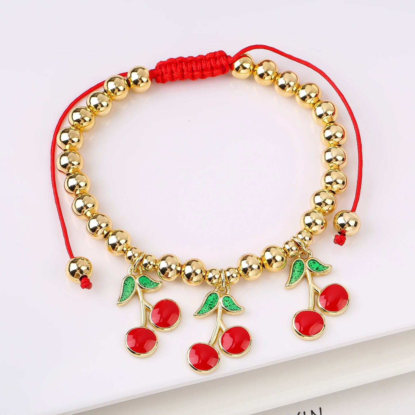 Gold Plated 6mm Copper Bead Chain Braided Fruit Cherry Crystal Adjustable Bracelet New Fashion Woman Girl Daily Wear Jewelry