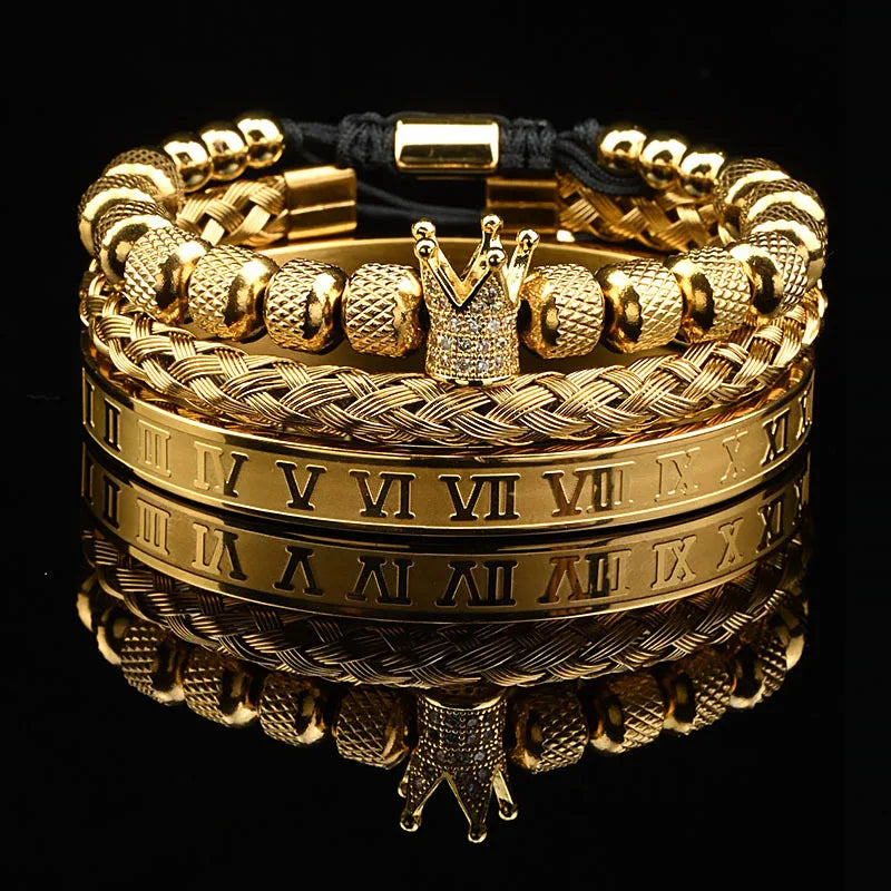 Luxury Black Stone Beads Leopard Head Man Bracelet Enamel Stainless Steel Roman Bangles Women Jewelry Set