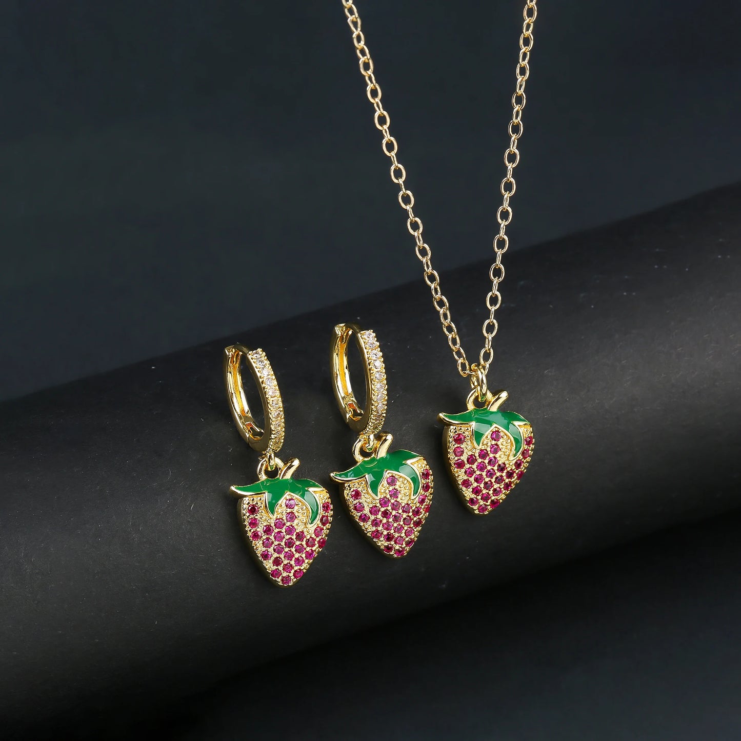 Light Luxury Crystal Zirconia Red Cherry Jewelry Set Earrings Necklace for Women Girls Sweet Jewelry Accessories Party Gifts