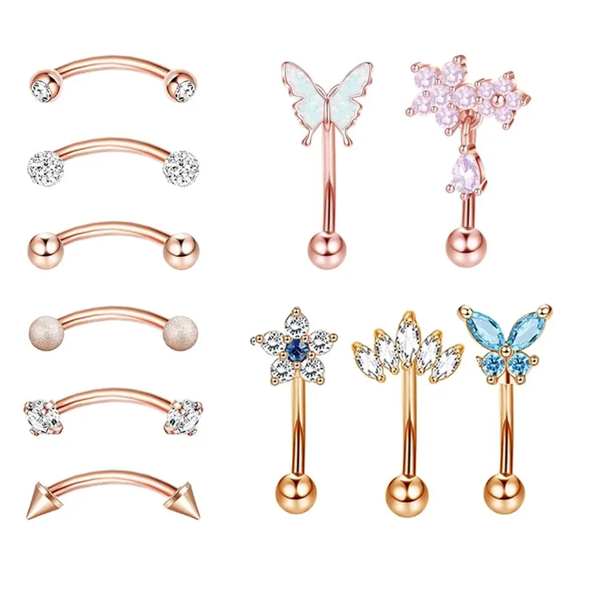 11Pcs 16G Colorful Butterfly Shape Curved Barbell Eyebrow Ring, Belly Lip Ring Inlaid Shiny Zircon Bling Bling Piercing Jewelry