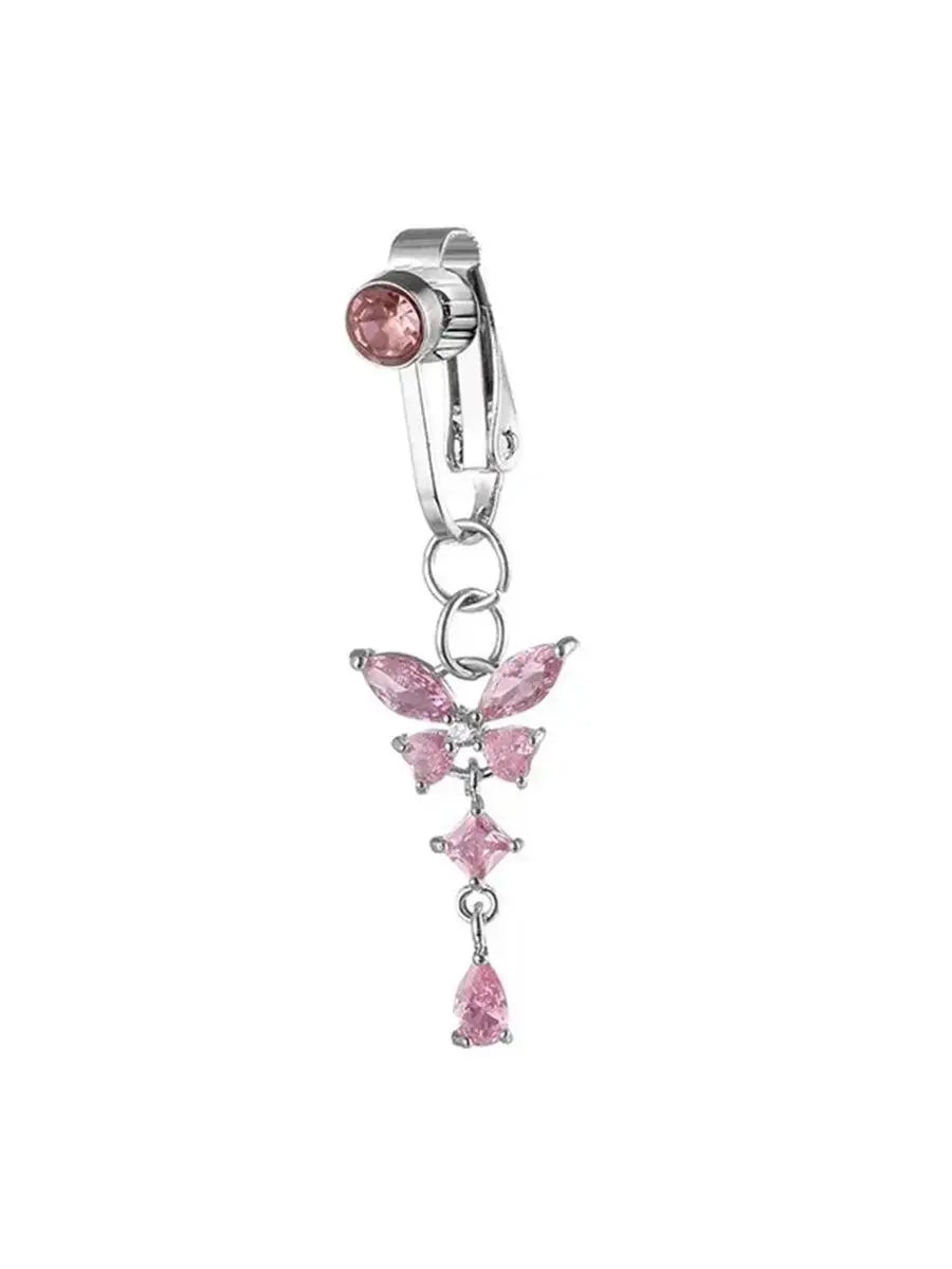 1Pc Trendy Zircon Butterfly Shape Clip On Belly Button Ring,Belly Fake Piercing Navel Body Jewelry Suitable Daily Vacation Wear