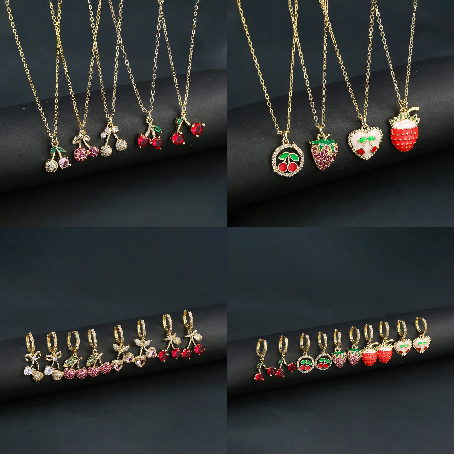 Hot Sale Fruit Cherry Strawberry 2pcs Jewelry Set Earrings Necklace Bracelet Luxury For Woman Party Wedding Lucky Gift Jewelry