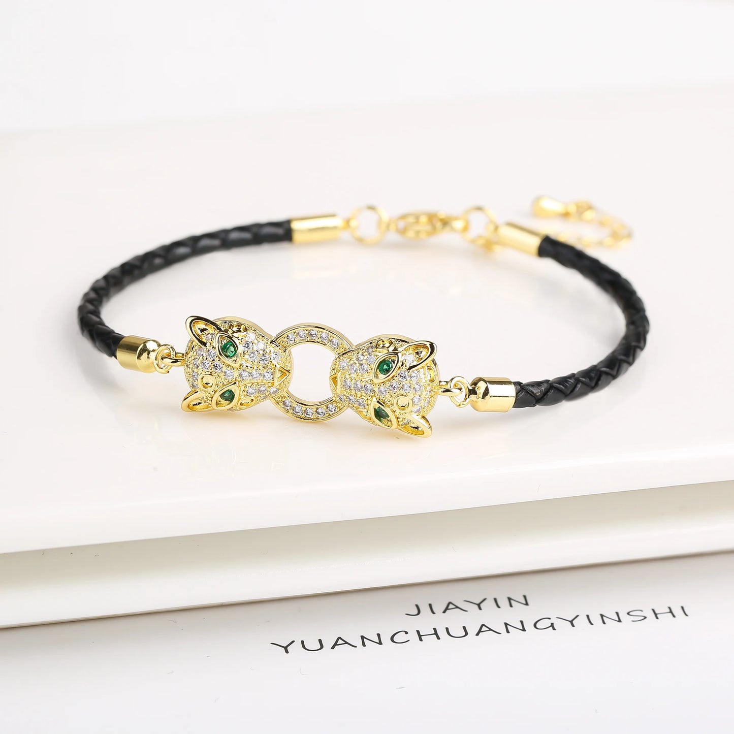 Adjustable Leather Rope Braided Zirconia Animal Leopard Head Bully Bracelet Fashion for Man Woman Party Jewelry Gift Daily Wear