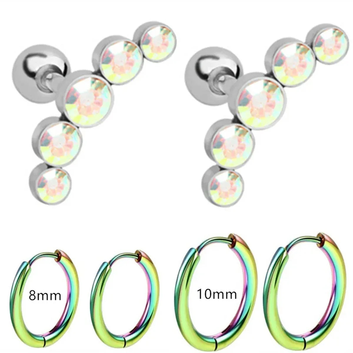 6pcs Fashion Novelty Stainless Steel Cyrstal Tragus Stud Earrings Set,Helix Cartilage Huggie Hoops Circle Ear Piercing Jewelry