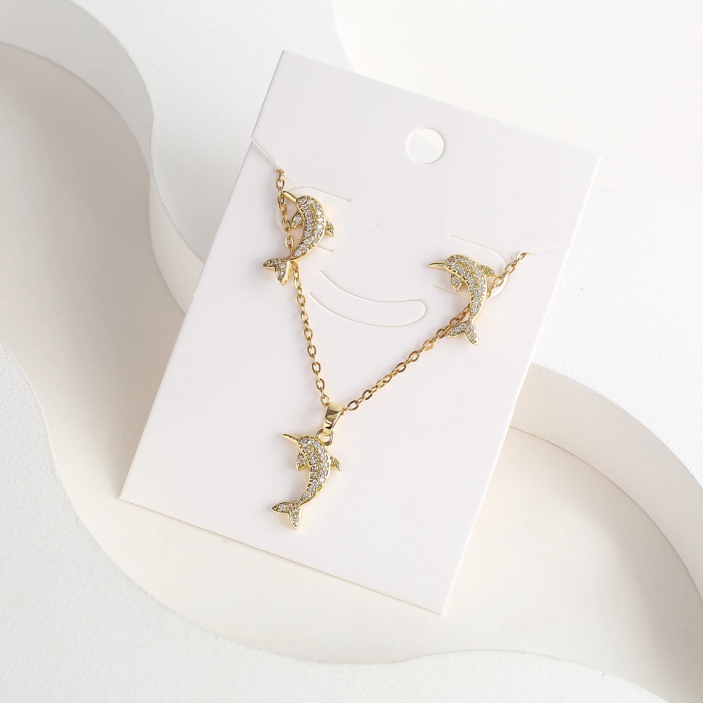 New Cute Zirconia Animal Bear Dolphin Leopard Dog Pendant Necklace Set Girls Anti-Allergy Earrings Holiday Party Gift Wholesale