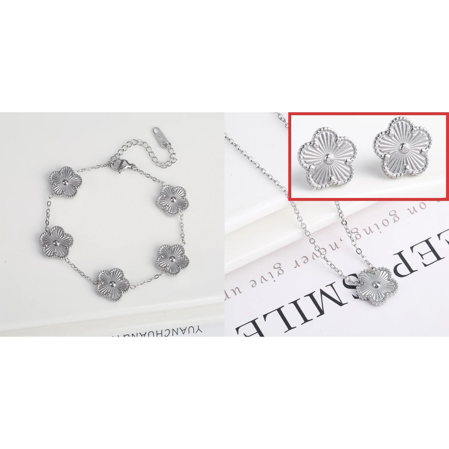 Waterproof Clover five-leaf flower Metal Laser Stainless Steel Jewelry Set Classic for Woman Luxury Party Jewelry Daily Wear