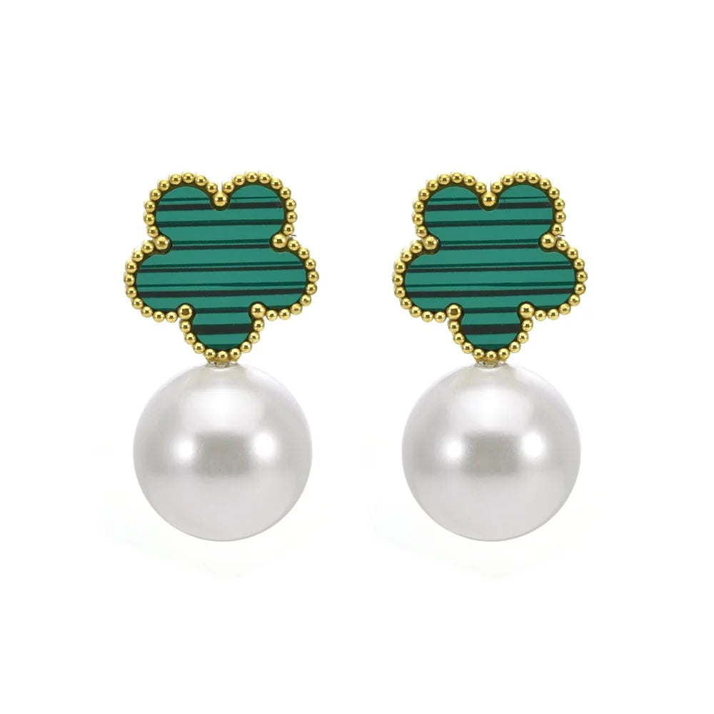 Hot Sale Stainless Steel Five Leaf Flower Pearl Drop Earrings Classic For Woman Clover Jewelry High Quality Party Wedding Gift