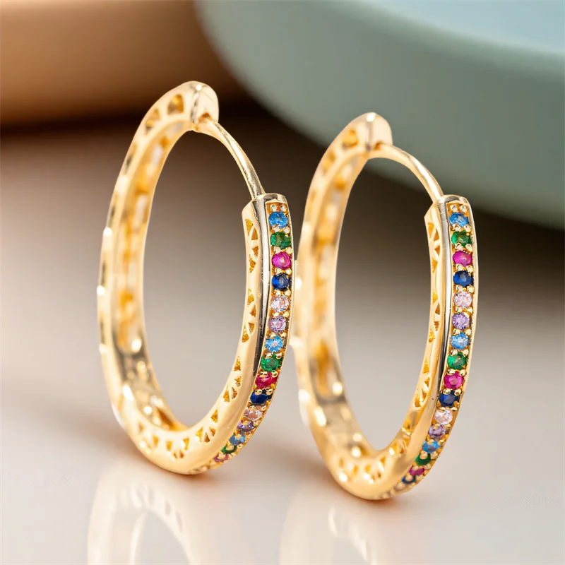 Rainbow Zircon Multicolor Stone Round Hoop Earrings For Women Gold Color Ear Buckle Daily Wedding Party Jewelry Mothers Day Gift