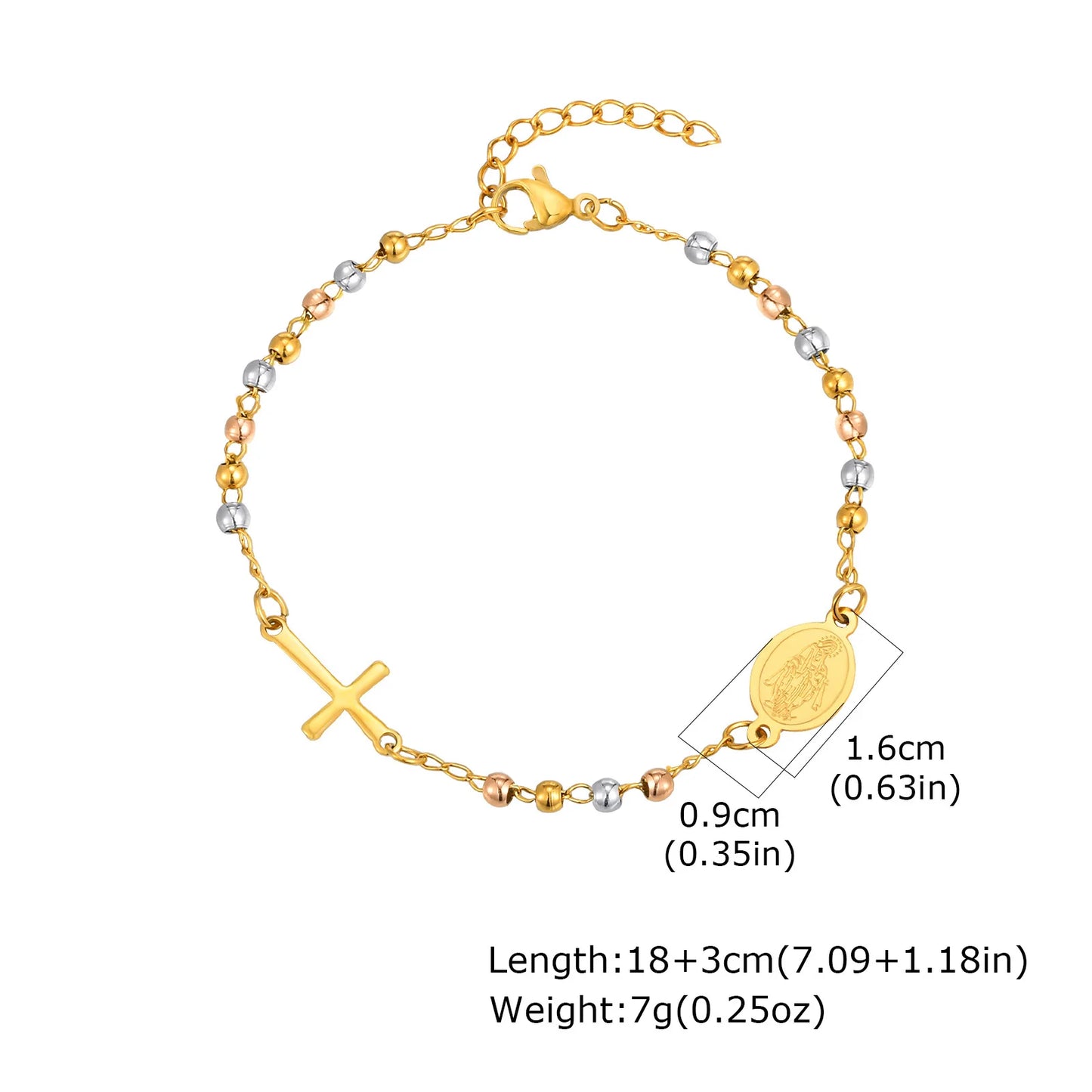 Vnox Stainless Steel Beaded Virgin Mary Bracelet,Charm Rosary Cross Chain Bracelet For Women,Religion Christ Three Color Jewelry