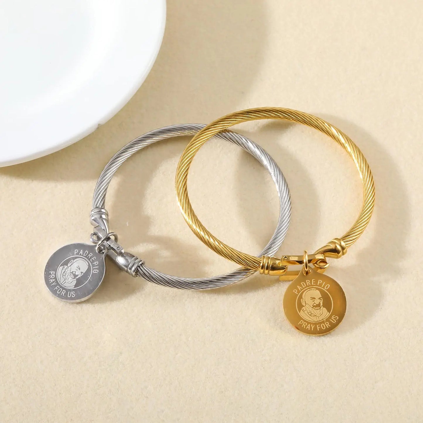 Prjewel Unique Stainless Steel Bracelets For Women Padre Pio Catholic Saint Round Accessory Bangles Religious Jewelry Set Gifts