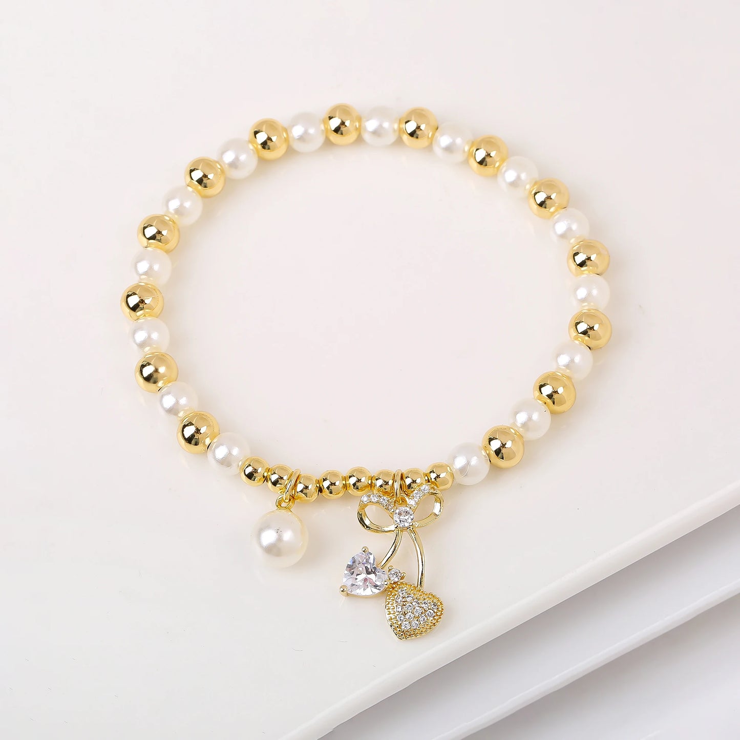 Trendy Crystal Cherry Shape Heart Copper Beads Chain Pearls Bracelet For Women 15 Styles Choice Daily Versatile Jewelry Gift