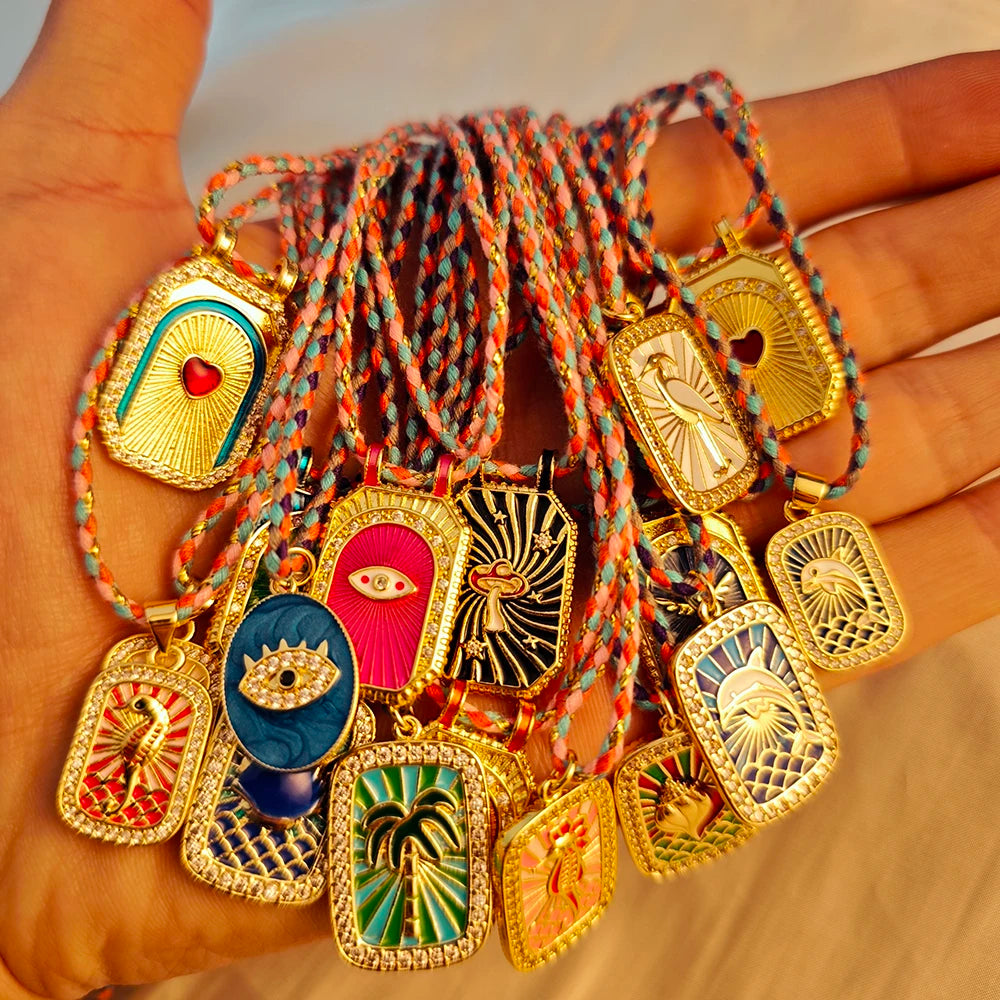 Bohemian POP Art Heart Necklace For Women Gothic Evil Blue Eye Collars Handwoven Wool Chain Choker Tarot Card Summer Jewelry