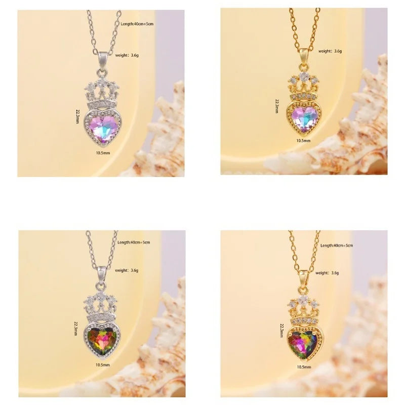 High Grade Crown Heart Zircon Pendant Necklace Stainless Steel Chains Geometric Choker Jewelry Party Gifts For Women Girls