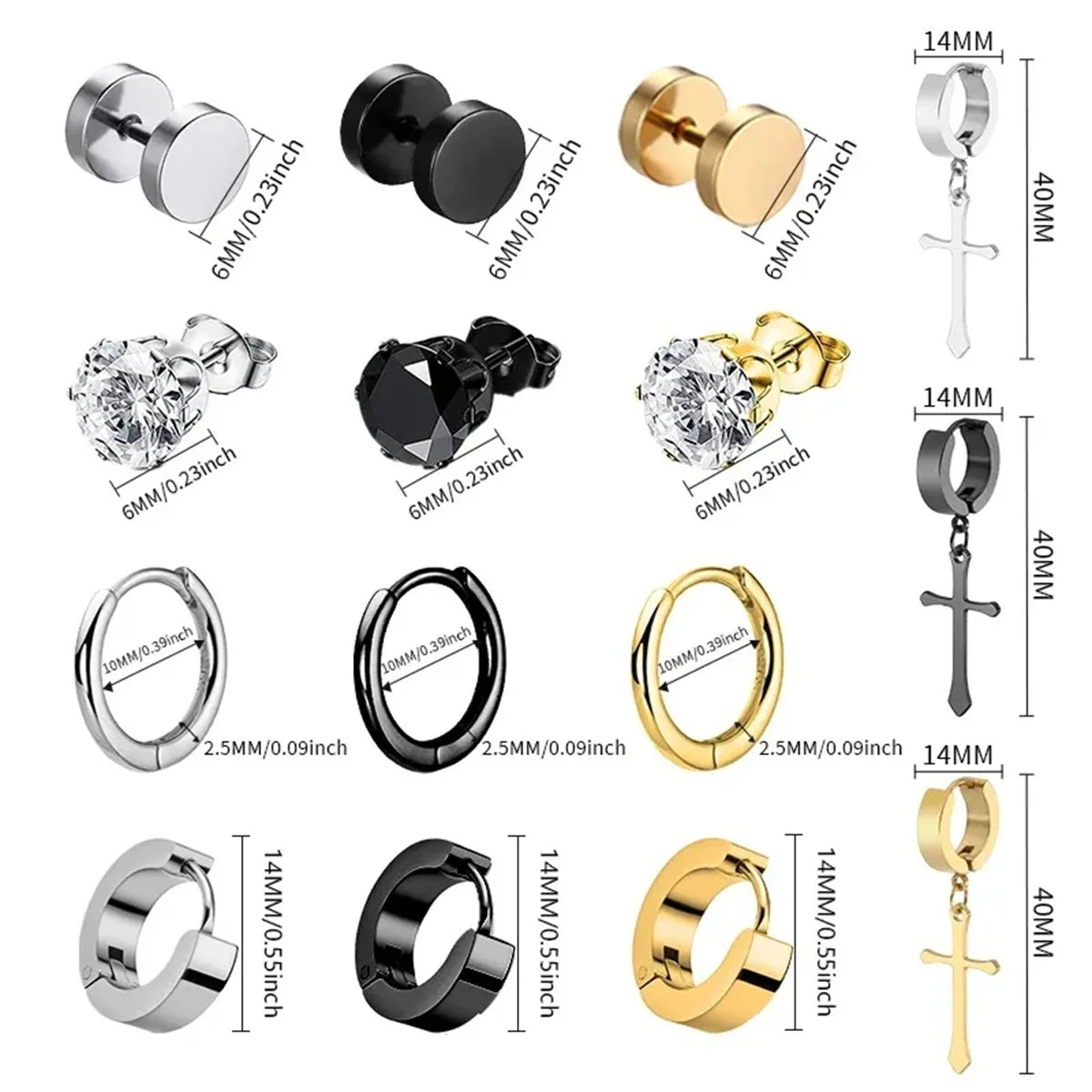 1/15Pairs Punk Cool Gothic Stainless Steel Stud Earrings Set for Men Women,Fashion Tragus Cartilage Daith Helix Piercing Jewelry