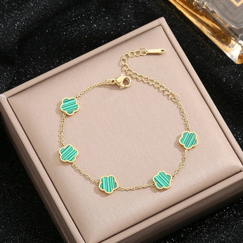 1Pc 18K Gold Plated Five-Leave Flower Design Stainless Steel Bracelet for Women Girl, Elegant Floral Style Hand Decor Bracelet