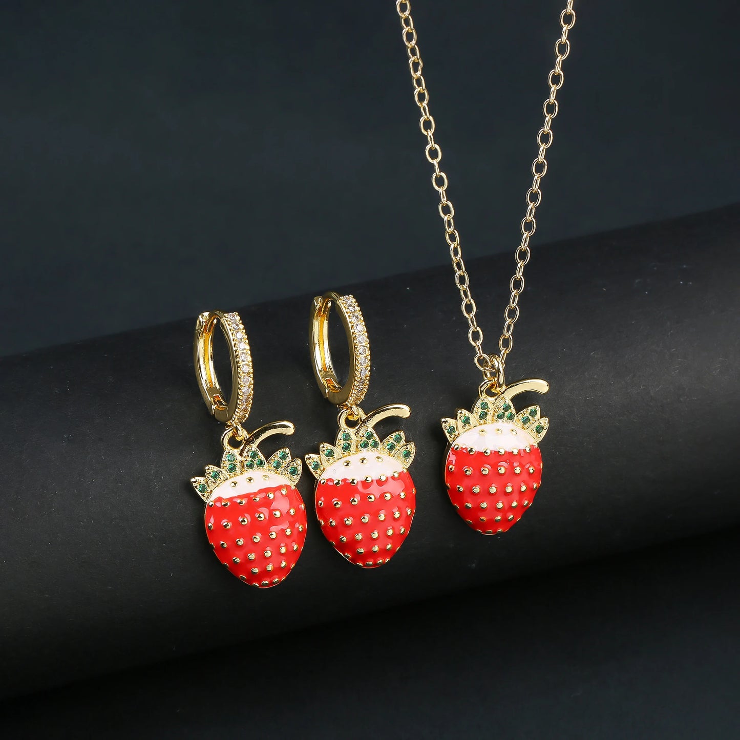 Light Luxury Crystal Zirconia Red Cherry Jewelry Set Earrings Necklace for Women Girls Sweet Jewelry Accessories Party Gifts