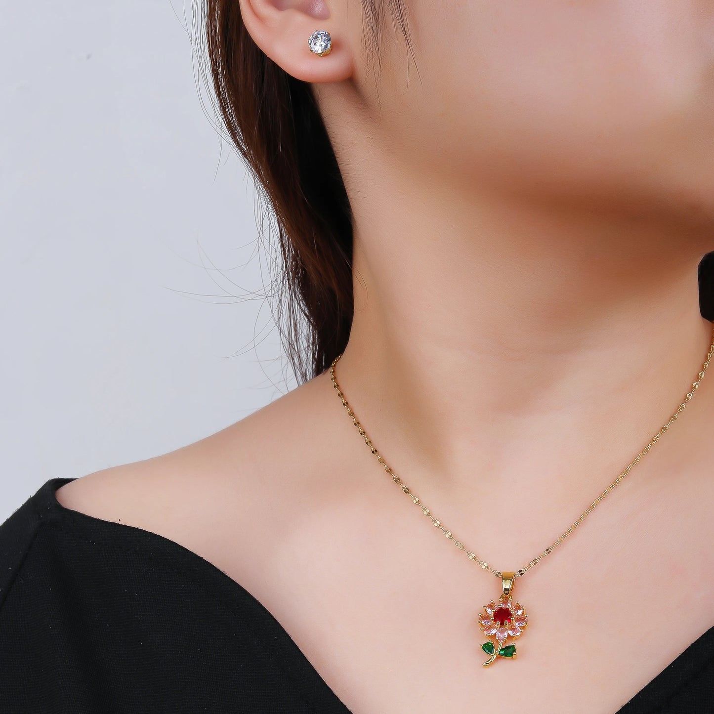 2pcs Sparkling Crystals Botanical Sunflower Necklace Earrings Jewelry Set for Woman New Fashion Casual Party Jewelry GirlGift