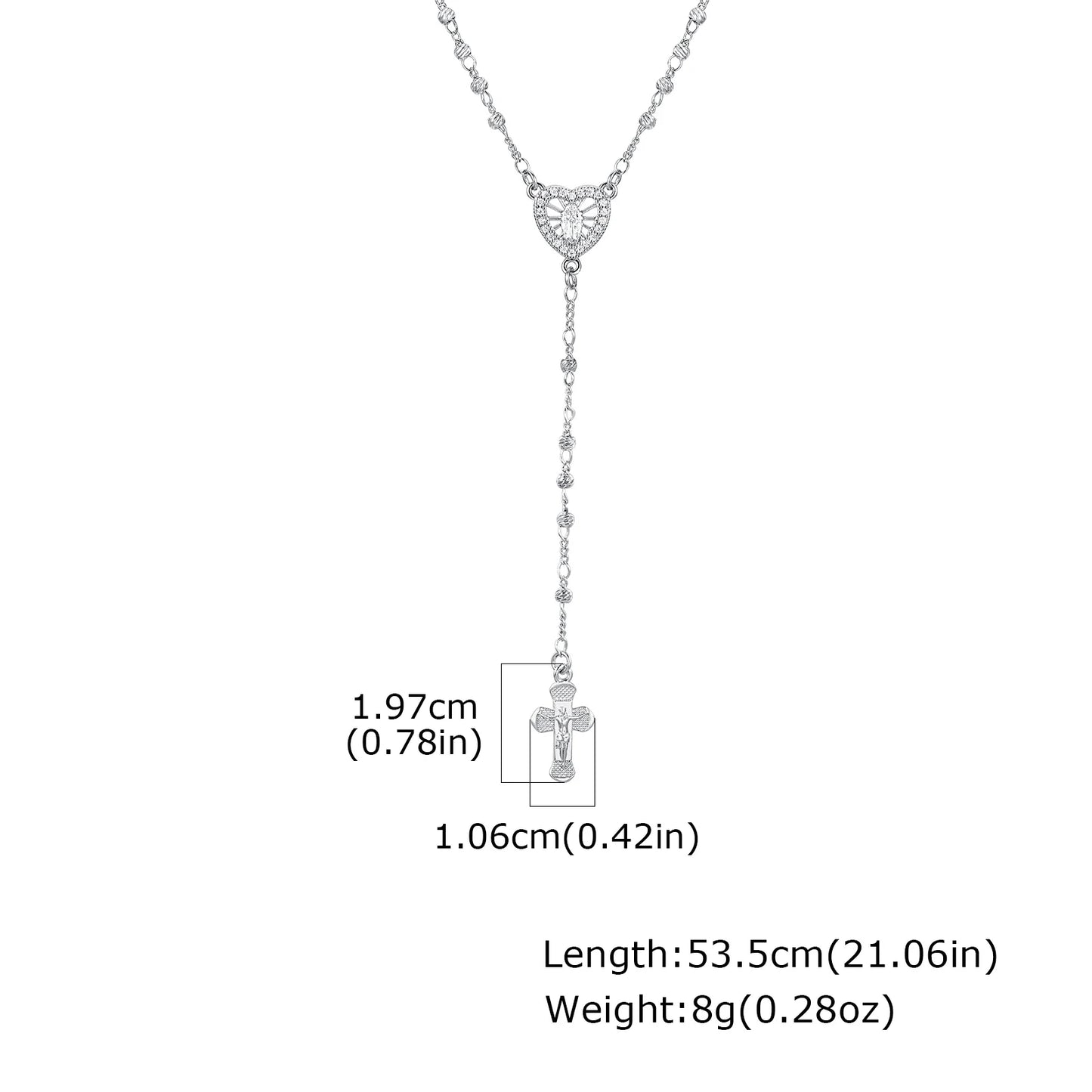 Zirconia Heart Virgin Mary Rosary Bead Cross Necklace for Women, Long Chain Cross Pendant Christian Catholic Religious Jewelry