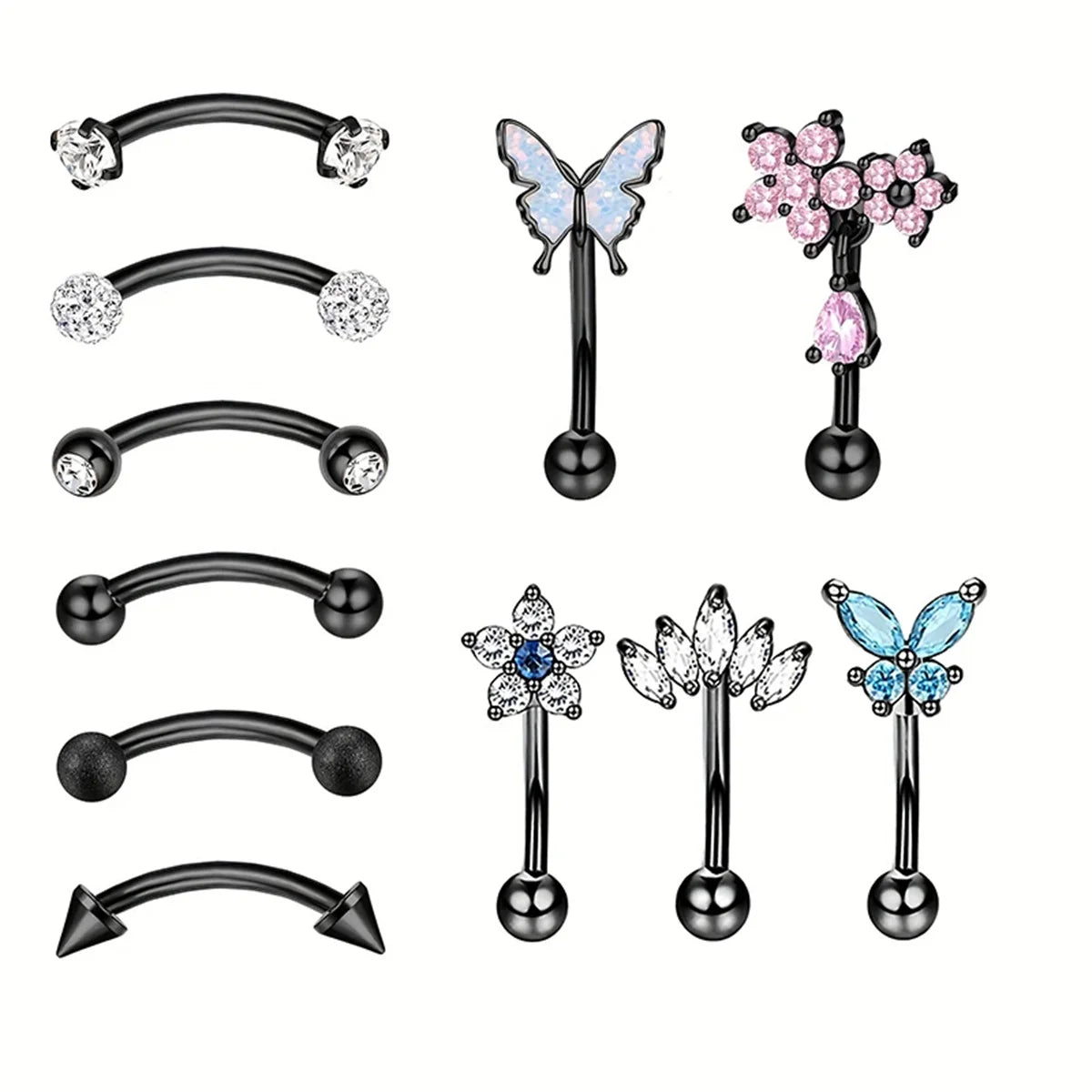 11Pcs 16G Colorful Butterfly Shape Curved Barbell Eyebrow Ring, Belly Lip Ring Inlaid Shiny Zircon Bling Bling Piercing Jewelry