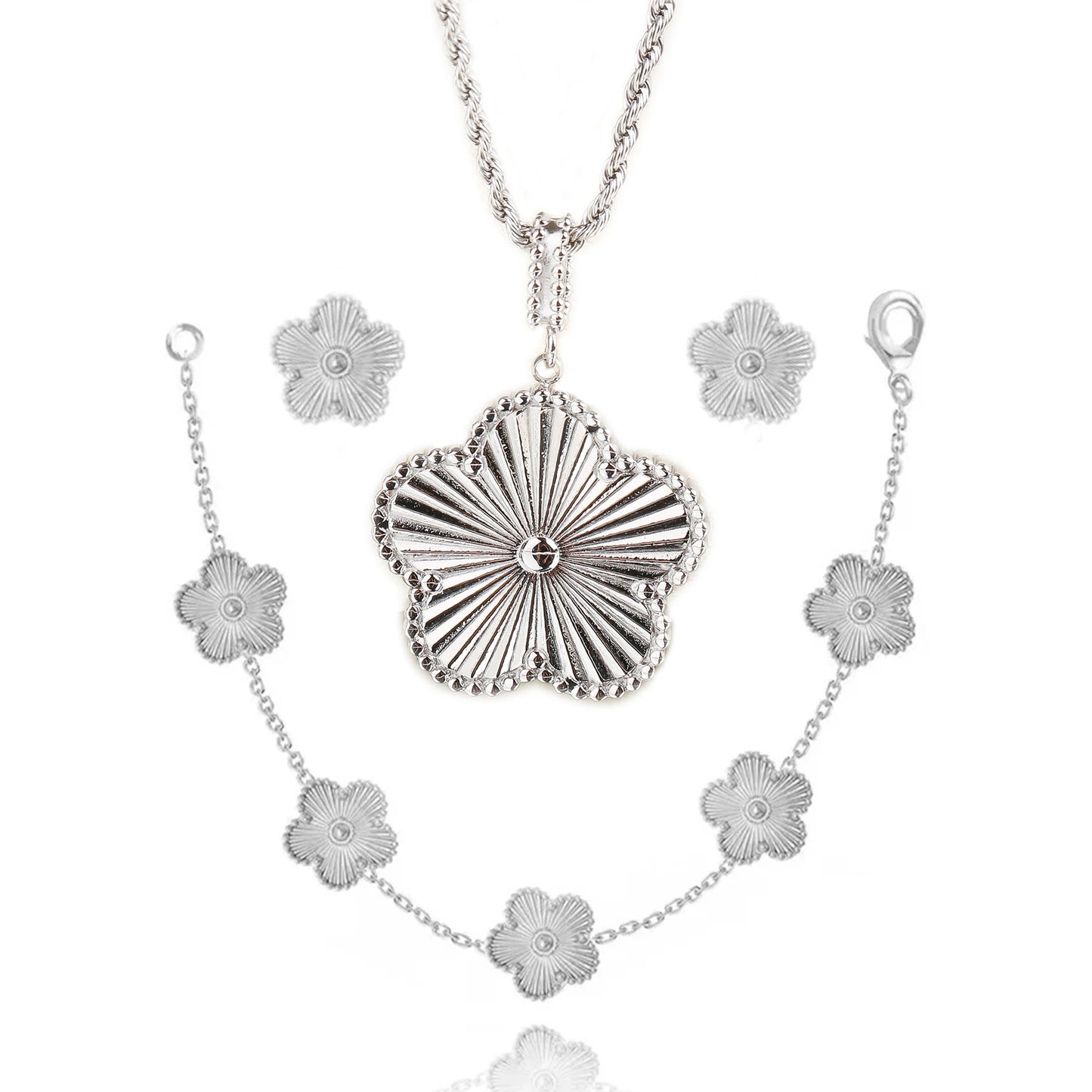 Hot Sale Stainless Steel Luxury Five Leaf Flower Necklace Earrings Bracelet Jewelry Set for Woman Party Flower Jewelry Clover