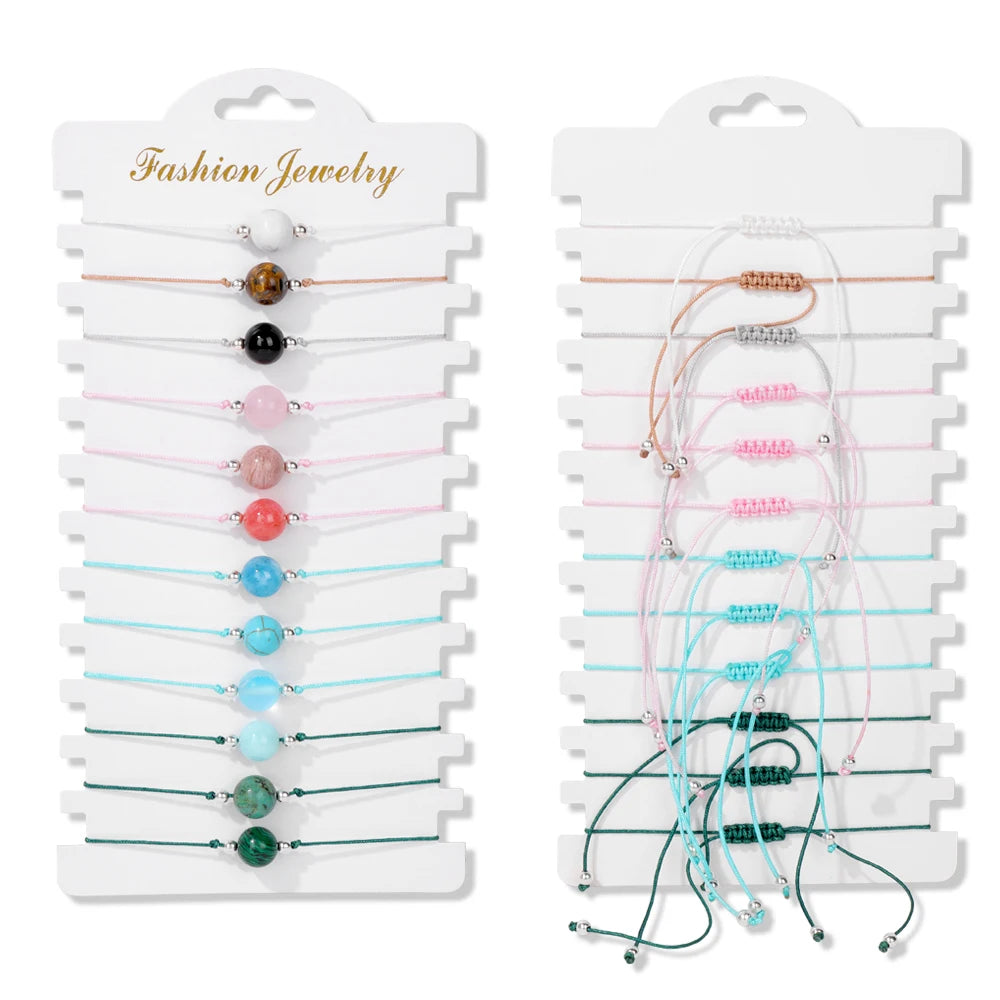 Wholesale 12Pcs/Set Colorful Natural Stone Bracelets Adjustable Rope Braided Bracelet Handmade Bohemia Bracelets with Cards