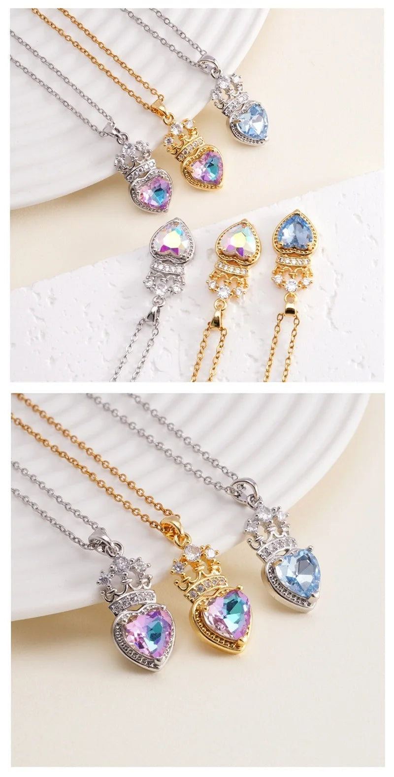 High Grade Crown Heart Zircon Pendant Necklace Stainless Steel Chains Geometric Choker Jewelry Party Gifts For Women Girls