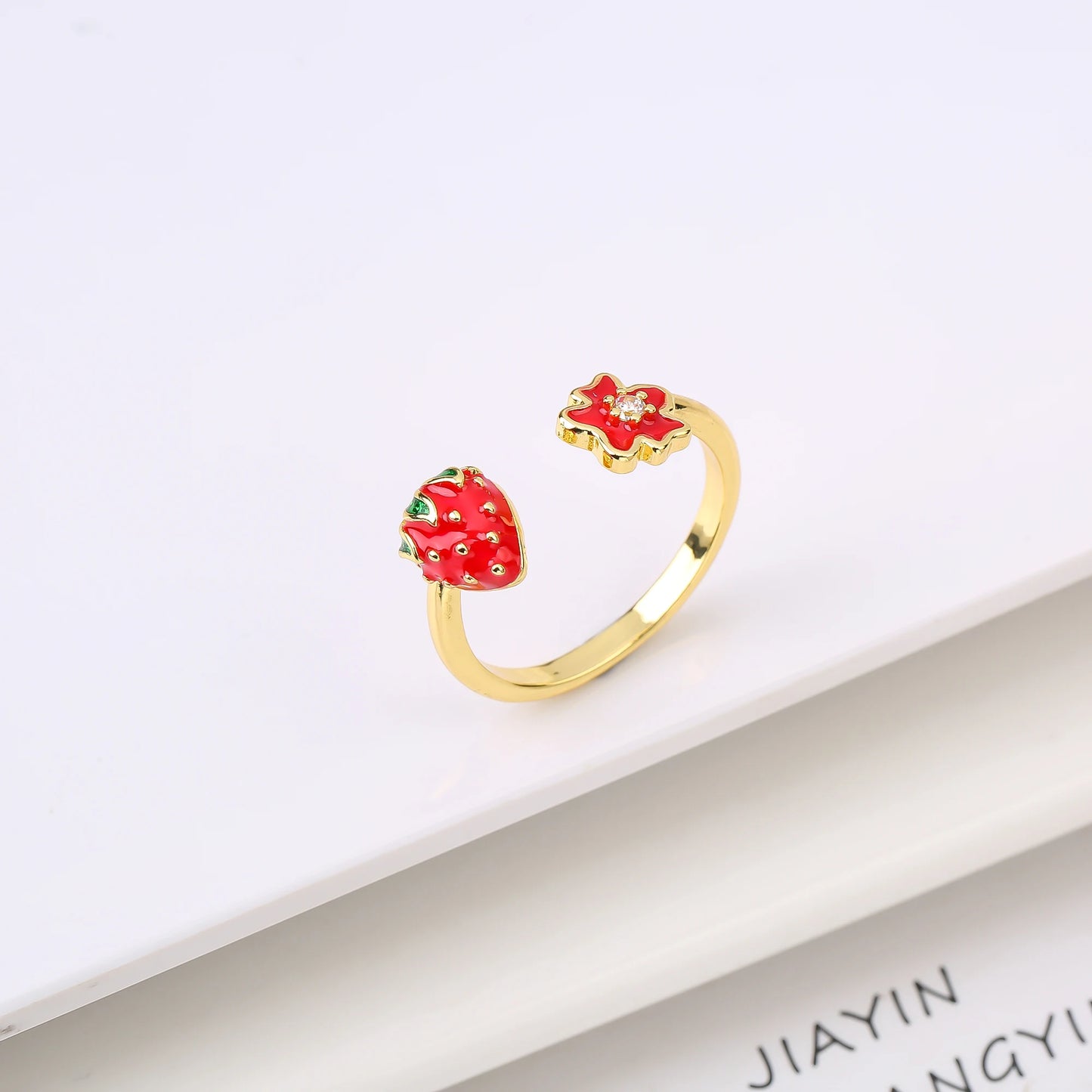 New Creative Copper Oil Drop Red Strawberry Zirconia Ring Charm For Woman Girl Vacation Casual Jewelry Accessories Adjustable