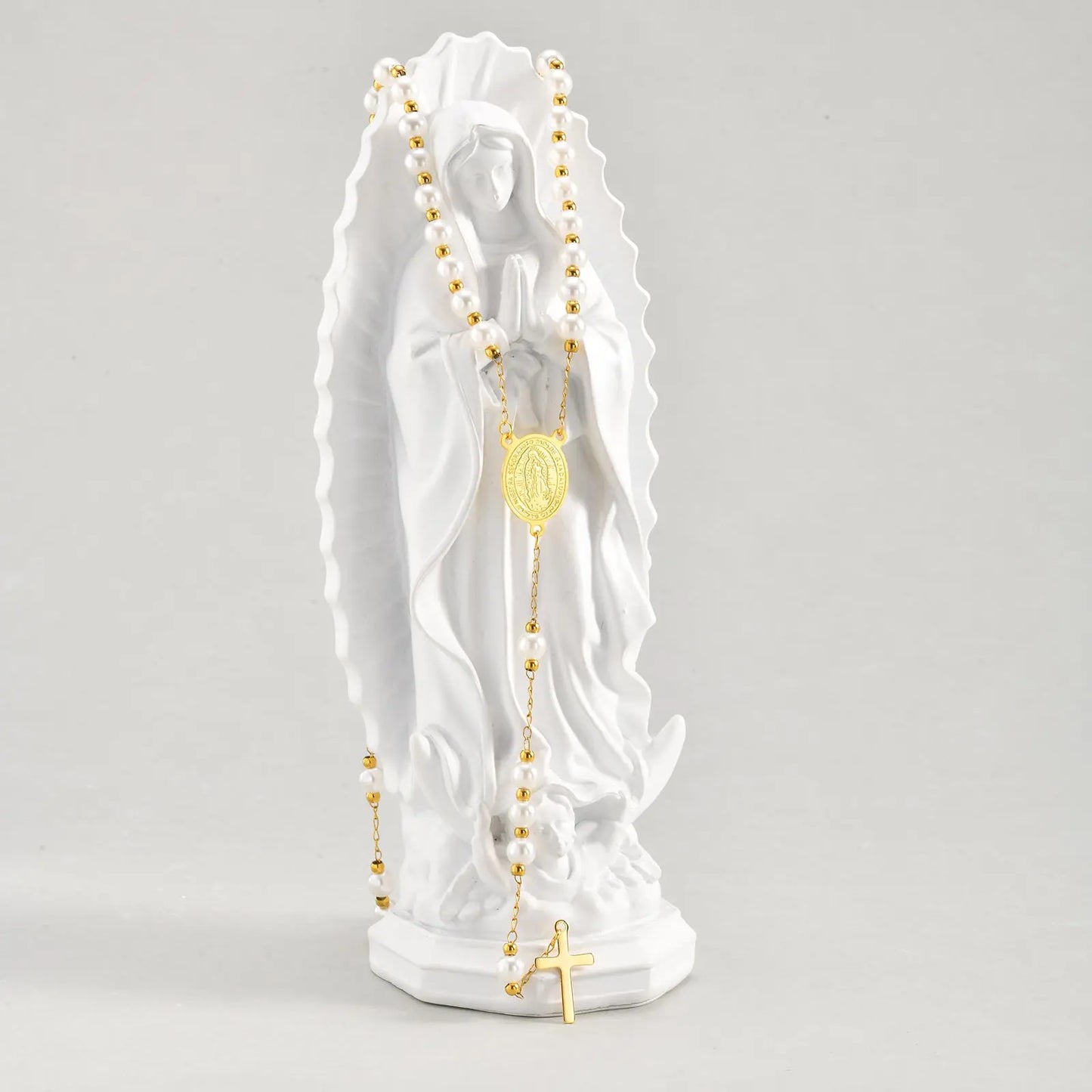 Imitation Pearl Beaded Chain Holy Virgin Mary Y-Shaped Necklace, Stainless Steel Cross Pendant Necklace,Religious Prayer Jewelry