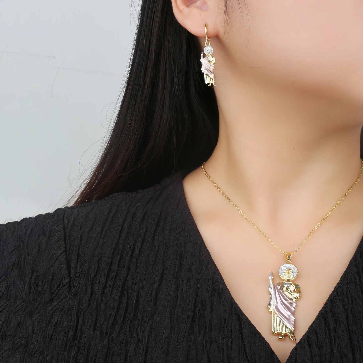 18K Gold Plated Religious Figures St. Jude Necklace Earrings Jewelry Set Simple for Woman Christian Catholic Jewelry Daily Wear