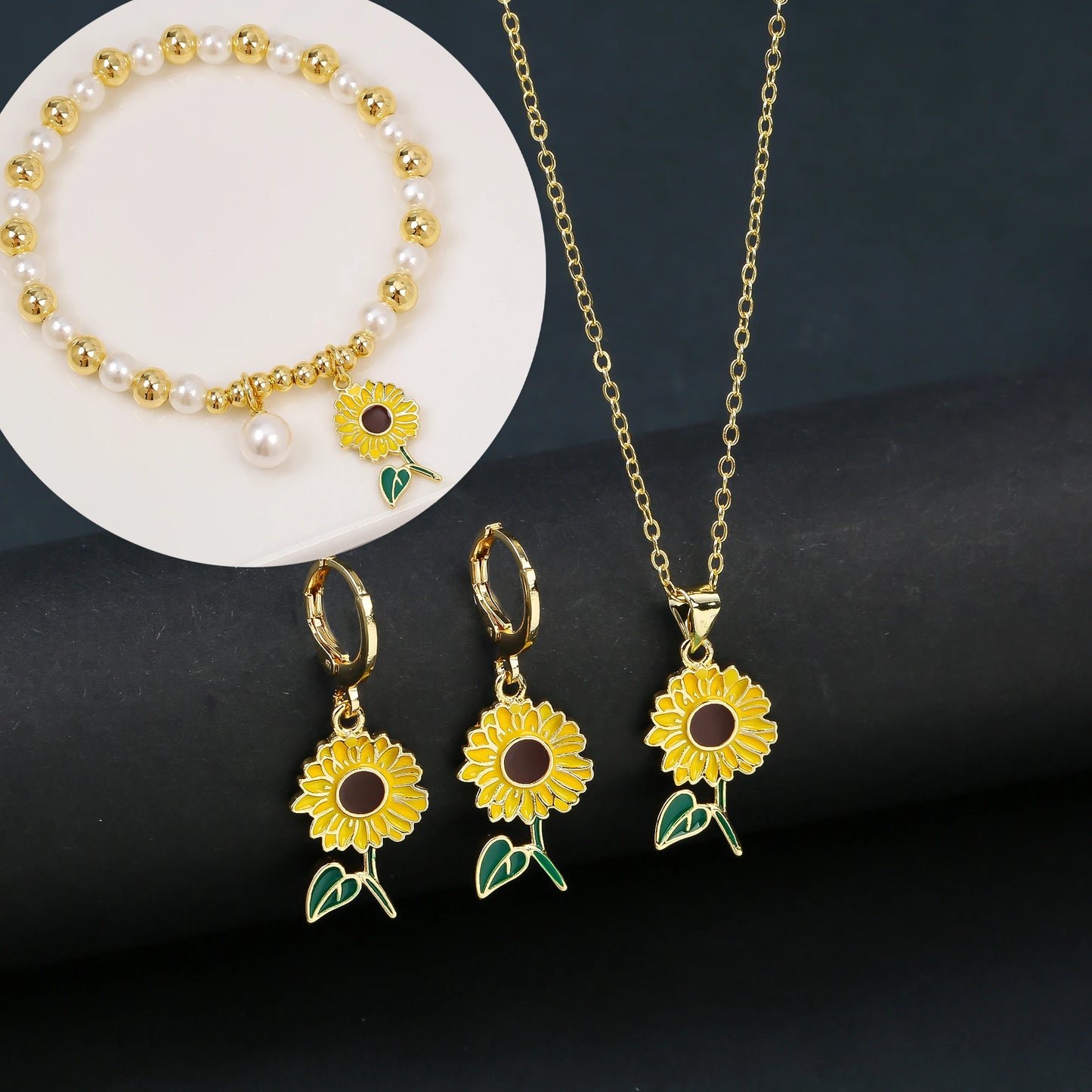 3pcs Lucky Plant Sunflower Rose Flower Necklace Jewelry Set Bracelet Earrings Charming for Women Girls Party Birthday Jewelry