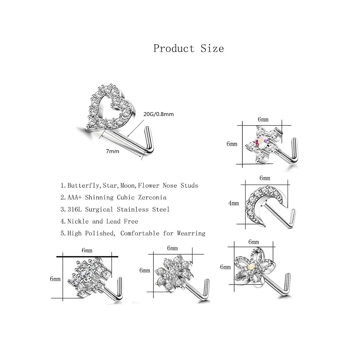 6Pcs 20G Stainless Steel Flower Heart Star-shaped Nose Rings