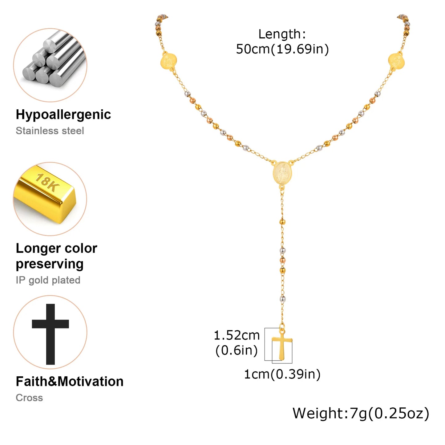 Tri-color Beaded Virgin Mary Y-shaped Necklace, Holy Spirit Cross Pendant Necklace for Women, Stainless Steel Religious Jewelry